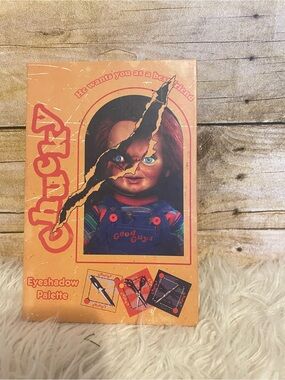 Child's Play Chucky eyeshadow palette features a torn "Good Guys" doll